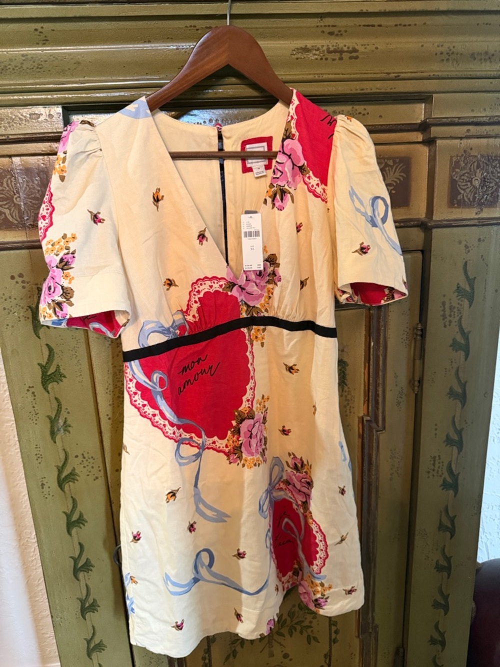 Anthropologie Cream Floral V-Neck Mini Dress with Pink Accents